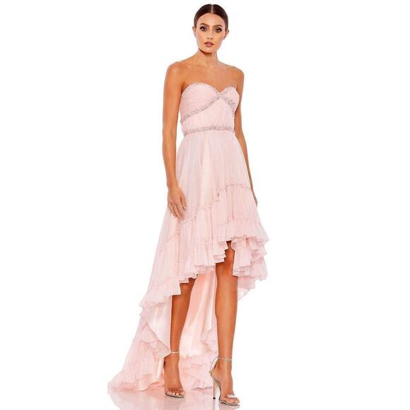 Mac Duggal Beaded Ruffle High Low Prom Gown in Ice Pink Size 4 NWT - Picture 1 of 12